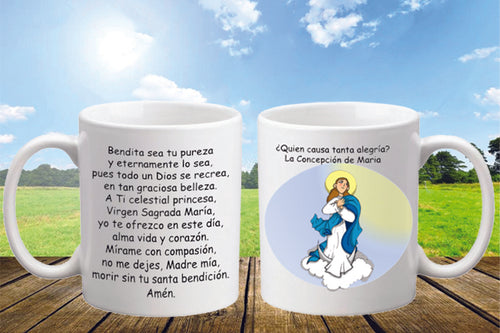 ¿Quién causa tanta alegría? La Concepción de María - Taza de cerámica con oración a la Virgen María
